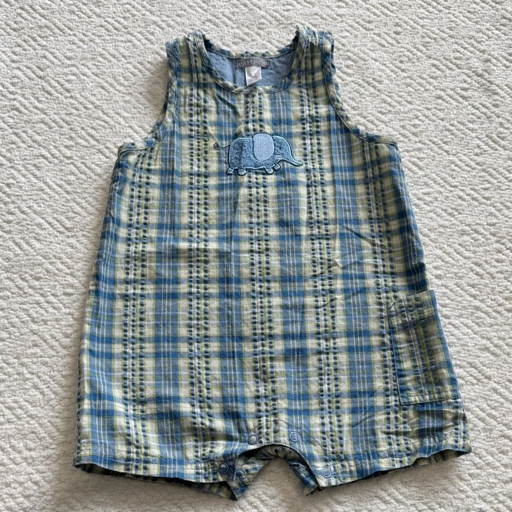 Vintage Carter's Blue and Green Plaid Elephant Romper Sz 24M